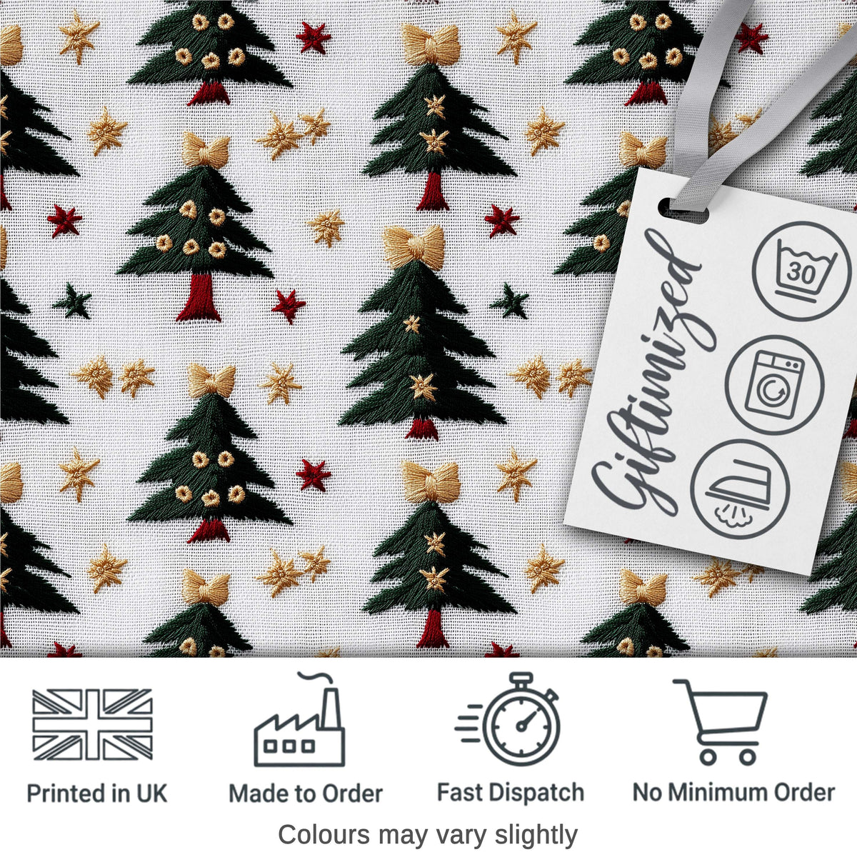 Festive Embroidered Christmas Trees Stars Seamless Pattern Digital Print Fabric by the Metre UK Sewing Quilting Textile