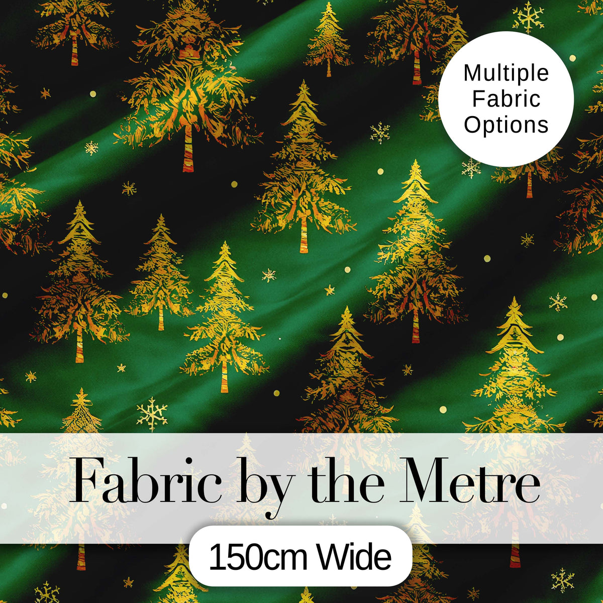 Golden Christmas Trees Forest Green Seamless Pattern Digital Print Fabric by the Metre UK Sewing Quilting Textile