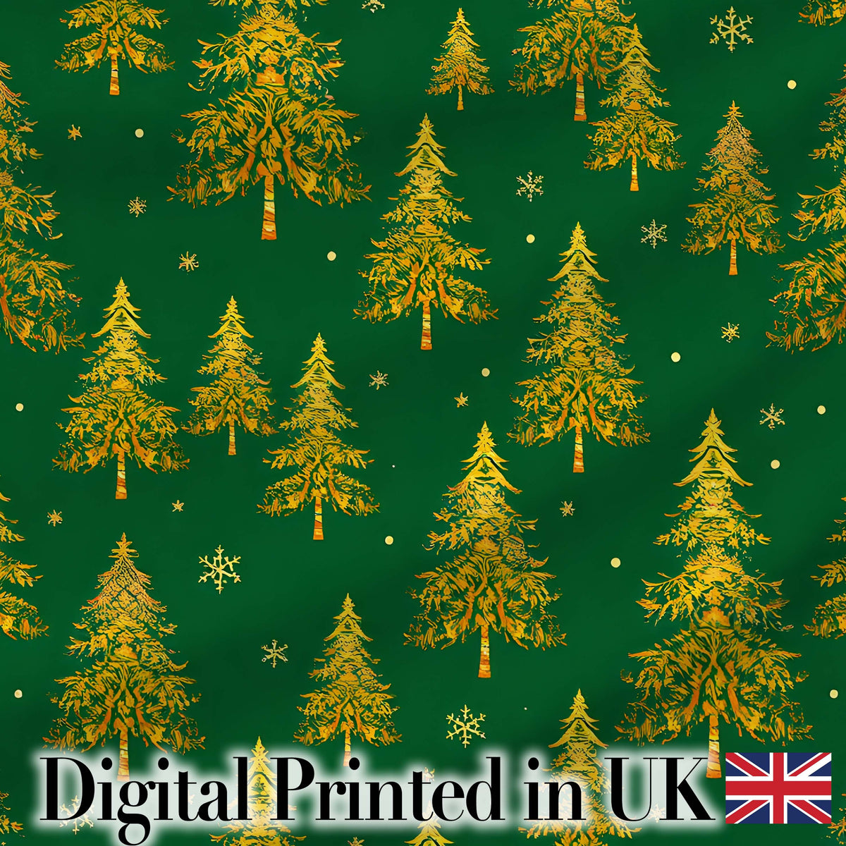 Golden Christmas Trees Forest Green Seamless Pattern Digital Print Fabric by the Metre UK Sewing Quilting Textile