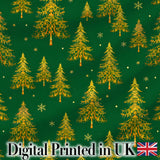 Golden Christmas Trees Forest Green Seamless Pattern Digital Print Fabric by the Metre UK Sewing Quilting Textile