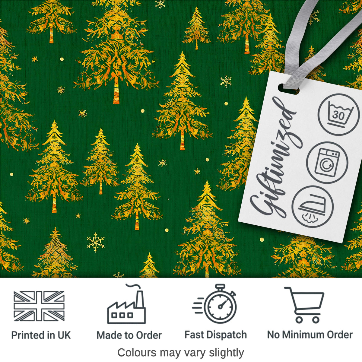 Golden Christmas Trees Forest Green Seamless Pattern Digital Print Fabric by the Metre UK Sewing Quilting Textile