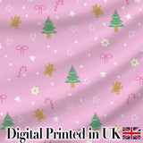 Cute Christmas Trees Gingerbread Candy Pink Seamless Pattern Digital Print Fabric by the Metre UK Sewing Quilting Textile
