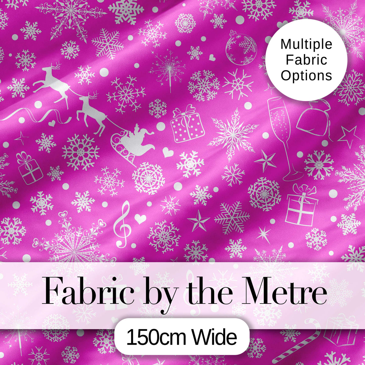 Festive Pink Christmas  Snowflakes Reindeer Seamless Pattern Digital Print Fabric by the Metre UK Sewing Quilting Textile
