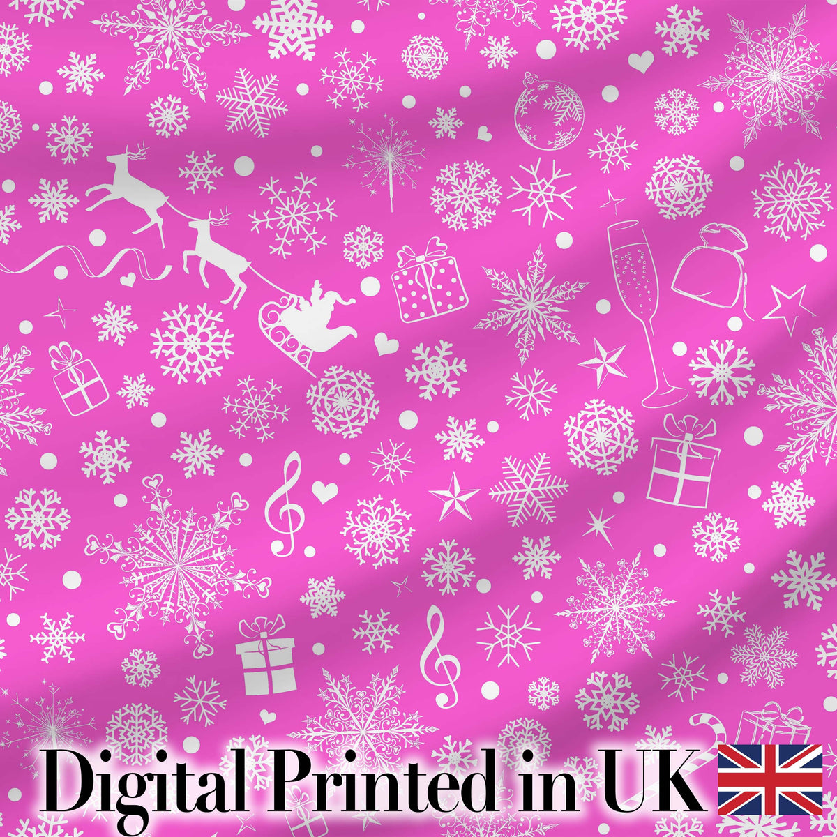 Festive Pink Christmas  Snowflakes Reindeer Seamless Pattern Digital Print Fabric by the Metre UK Sewing Quilting Textile