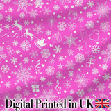 Festive Pink Christmas  Snowflakes Reindeer Seamless Pattern Digital Print Fabric by the Metre UK Sewing Quilting Textile