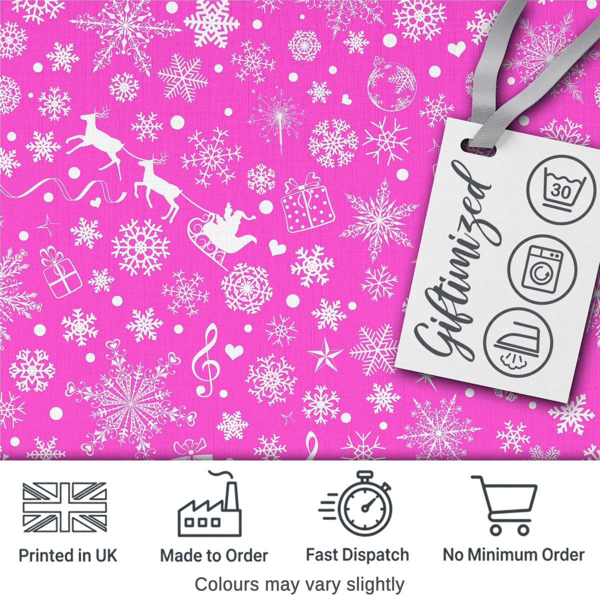 Festive Pink Christmas  Snowflakes Reindeer Seamless Pattern Digital Print Fabric by the Metre UK Sewing Quilting Textile