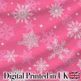 Decorative Pink Snowflakes Stars Seamless Pattern Digital Print Fabric by the Metre UK Sewing Quilting Textile