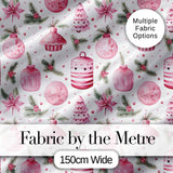 Elegant Pink Christmas Ornaments Holly Leaves Watercolor Seamless Pattern Digital Print Fabric by the Metre UK Sewing Quilting Textile