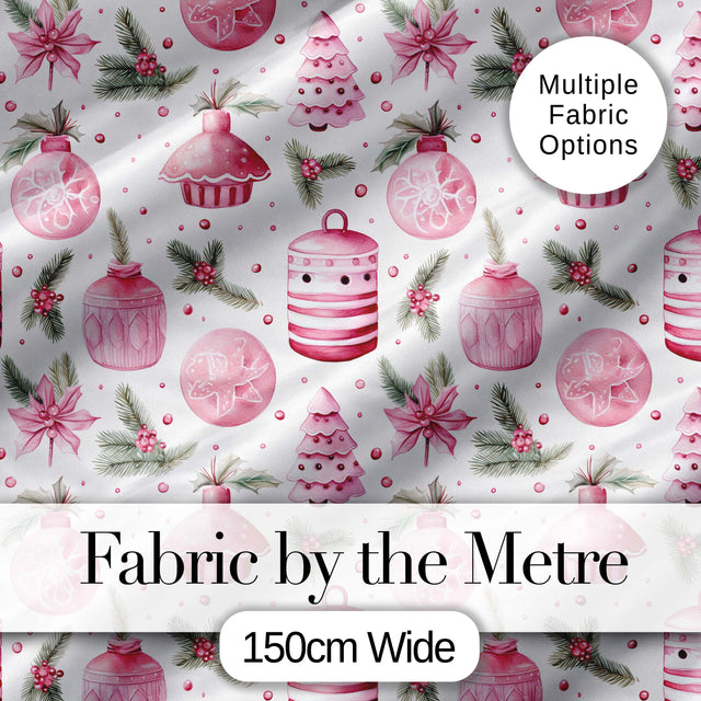 Elegant Pink Christmas Ornaments Holly Leaves Watercolor Seamless Pattern Digital Print Fabric by the Metre UK Sewing Quilting Textile