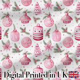 Elegant Pink Christmas Ornaments Holly Leaves Watercolor Seamless Pattern Digital Print Fabric by the Metre UK Sewing Quilting Textile