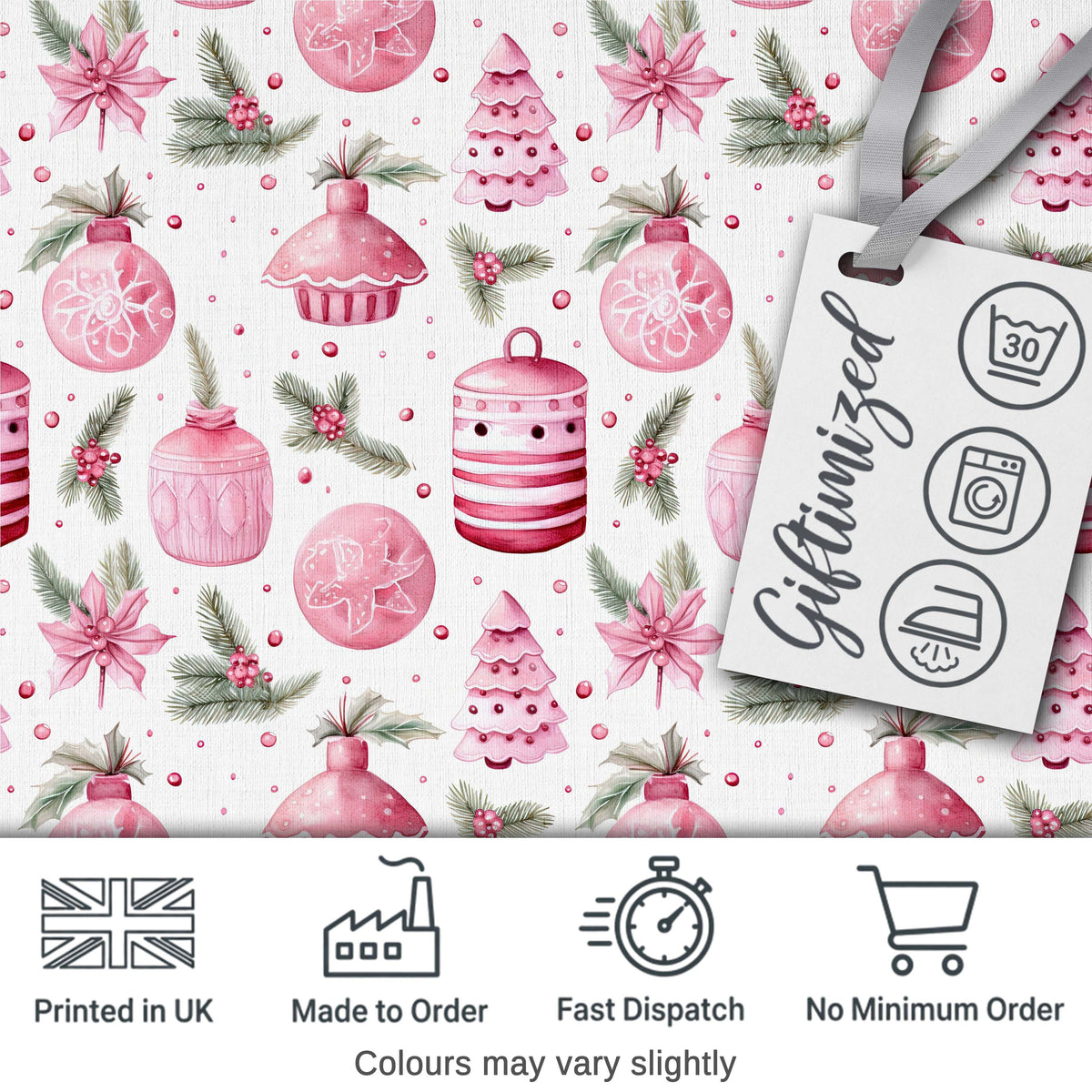 Elegant Pink Christmas Ornaments Holly Leaves Watercolor Seamless Pattern Digital Print Fabric by the Metre UK Sewing Quilting Textile