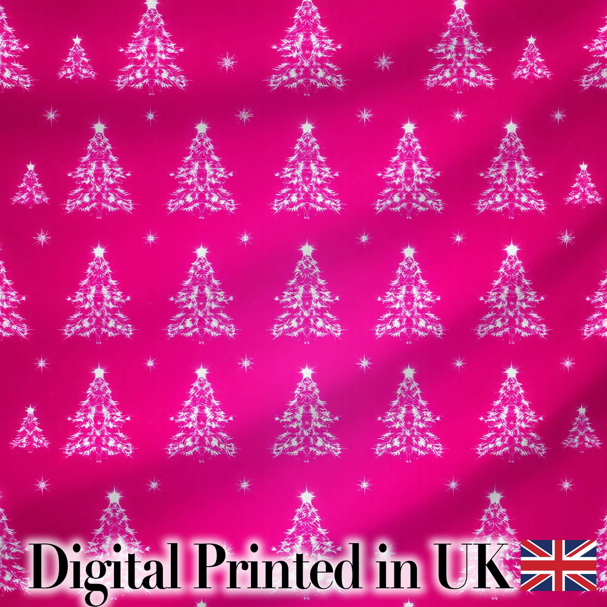 Bright Pink Christmas Trees Star Glow Festive Seamless Pattern Digital Print Fabric by the Metre UK Sewing Quilting Textile