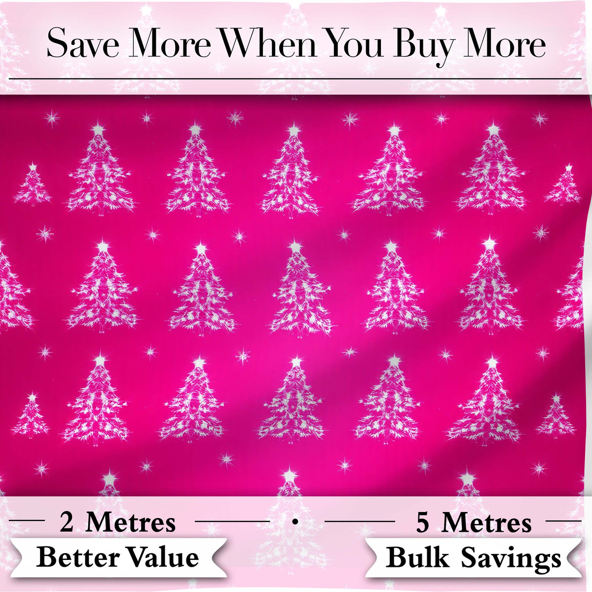 Bright Pink Christmas Trees Star Glow Festive Seamless Pattern Digital Print Fabric by the Metre UK Sewing Quilting Textile
