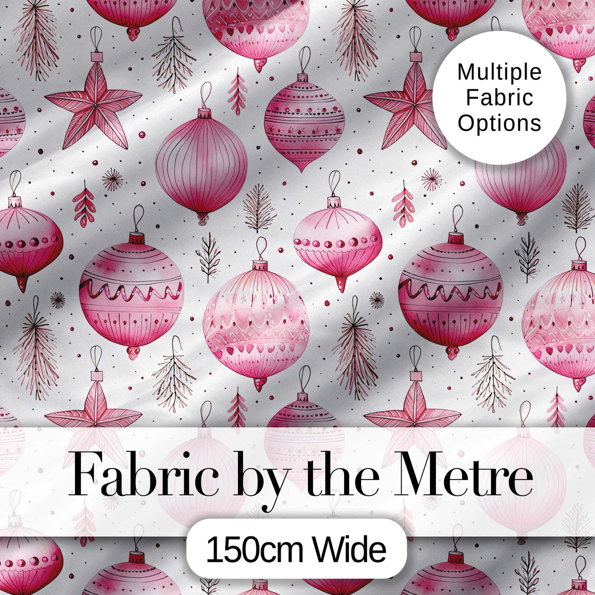 Stylish Pink Baubles Stars Holiday Decoration Seamless Pattern Digital Print Fabric by the Metre UK Sewing Quilting Textile