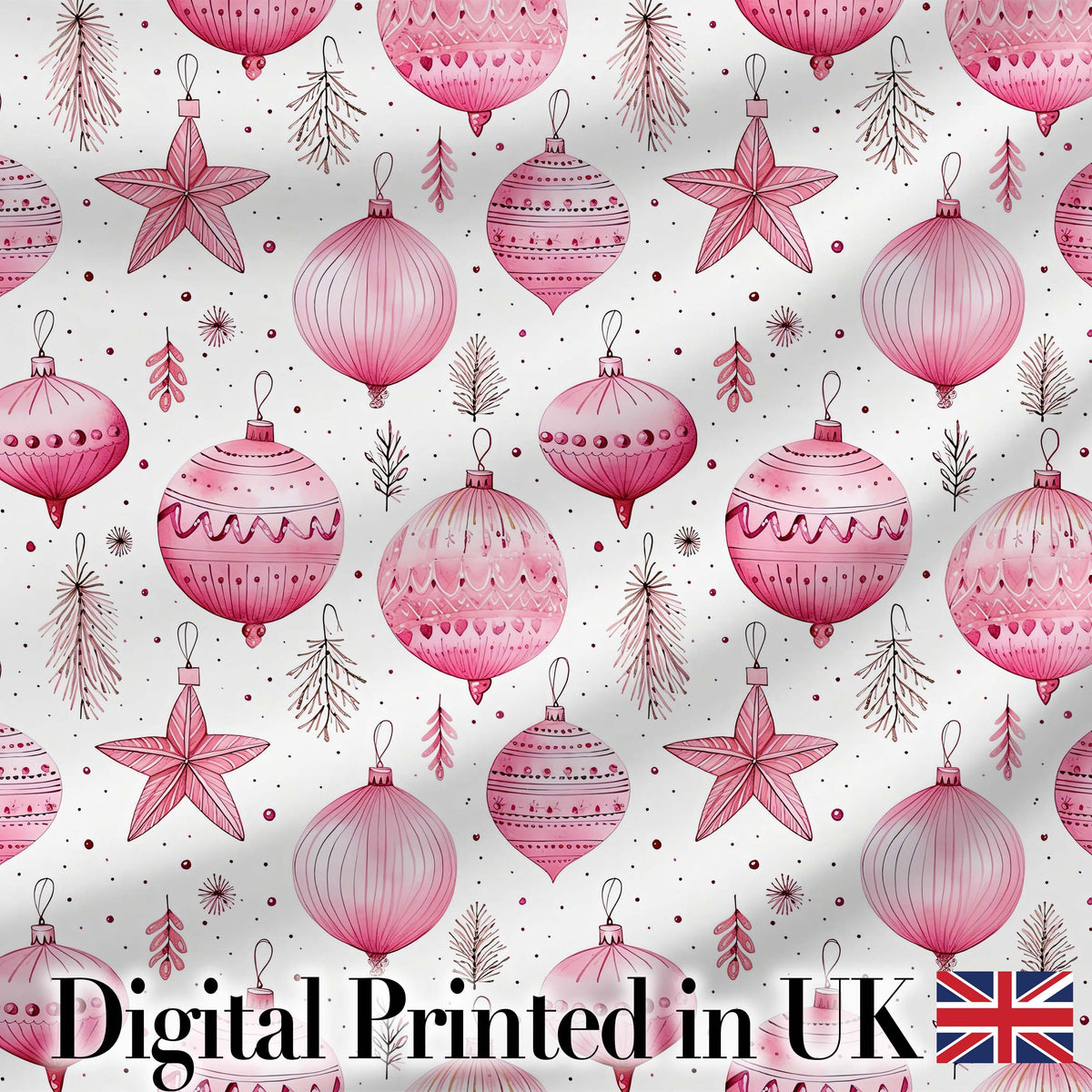 Stylish Pink Baubles Stars Holiday Decoration Seamless Pattern Digital Print Fabric by the Metre UK Sewing Quilting Textile