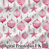 Stylish Pink Baubles Stars Holiday Decoration Seamless Pattern Digital Print Fabric by the Metre UK Sewing Quilting Textile