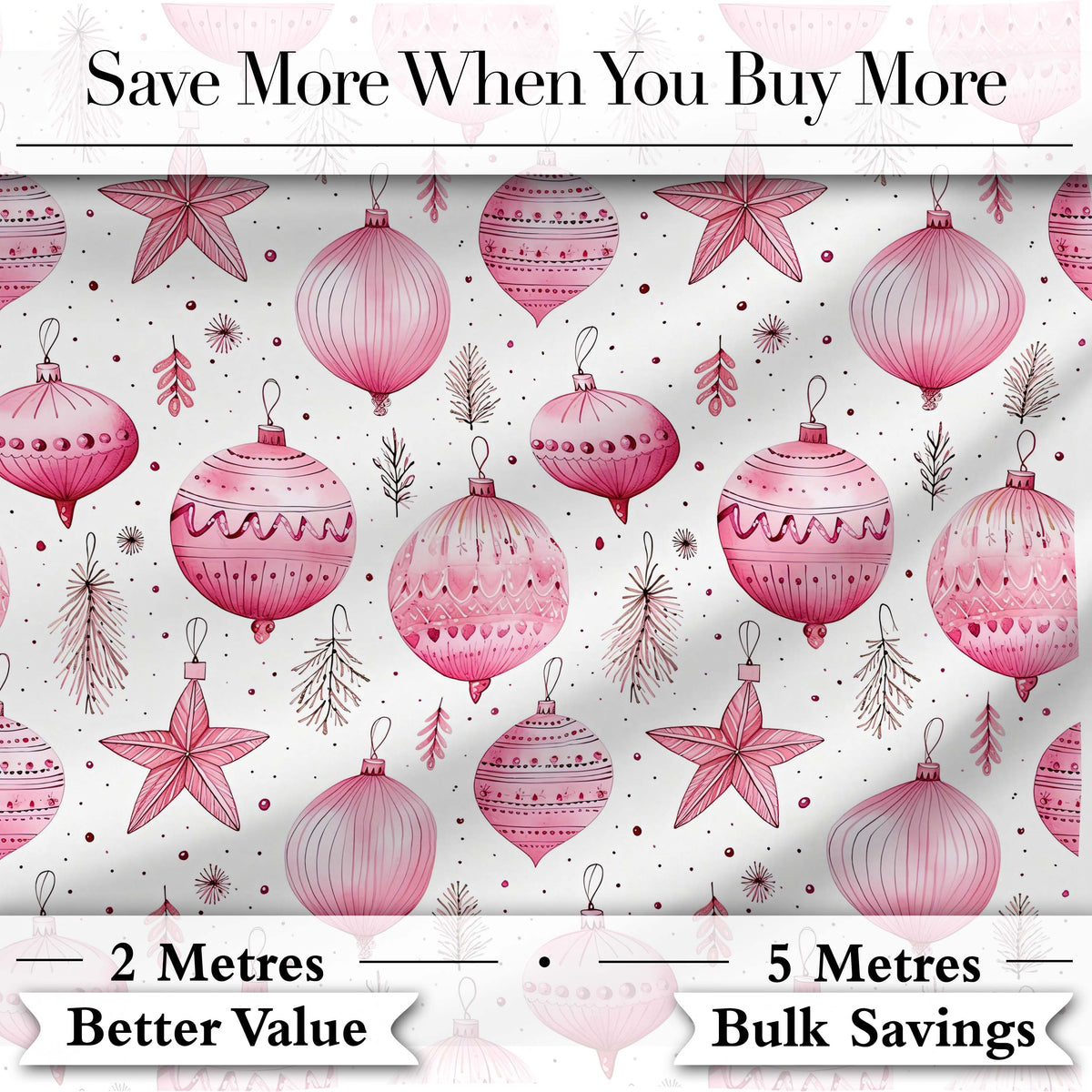 Stylish Pink Baubles Stars Holiday Decoration Seamless Pattern Digital Print Fabric by the Metre UK Sewing Quilting Textile
