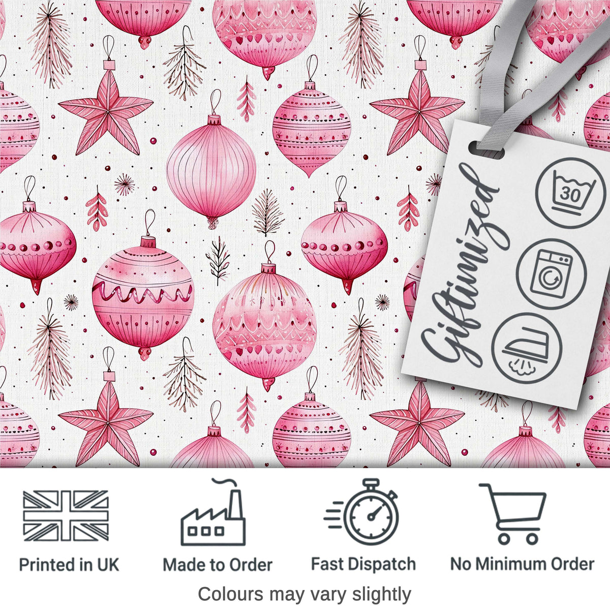 Stylish Pink Baubles Stars Holiday Decoration Seamless Pattern Digital Print Fabric by the Metre UK Sewing Quilting Textile