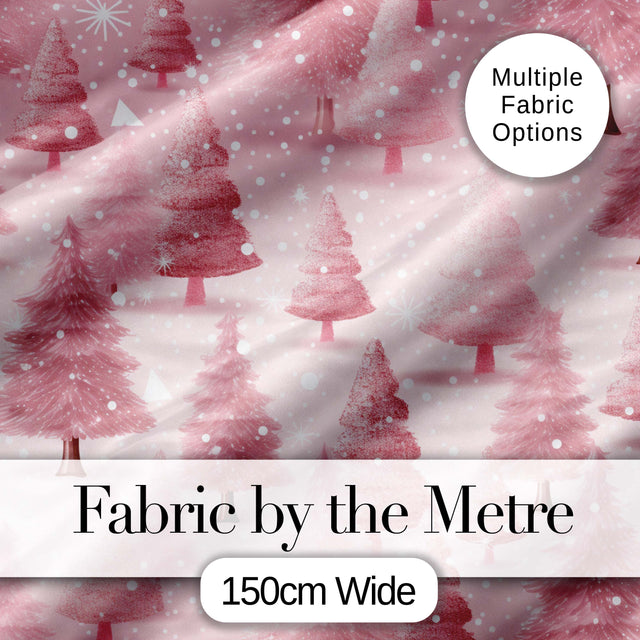 Soft Pink Snowy Christmas Trees Winter Wonderland Seamless Pattern Digital Print Fabric by the Metre UK Sewing Quilting Textile