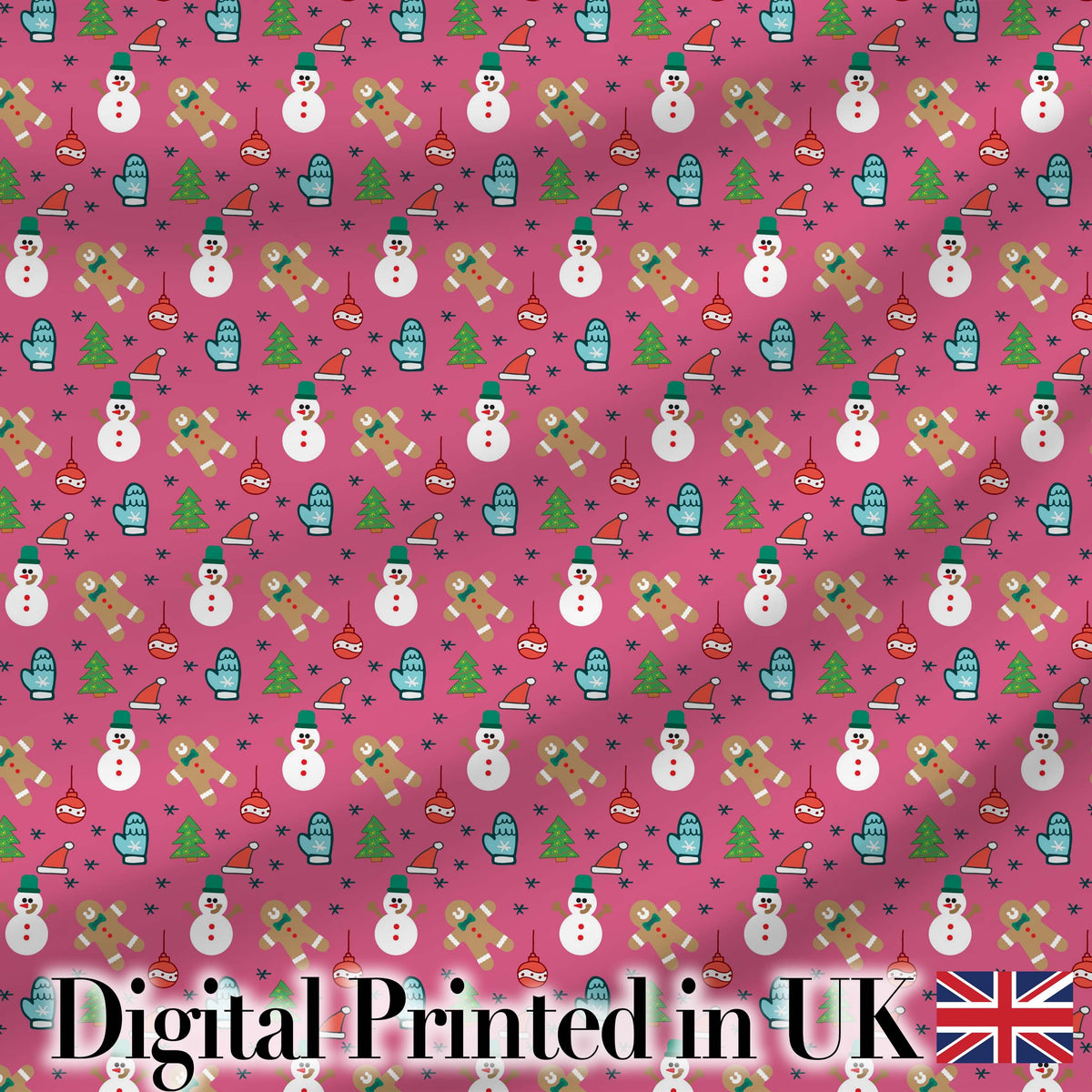 Cute Snowman Gingerbread Mittens Christmas Seamless Pattern Digital Print Fabric by the Metre UK Sewing Quilting Textile