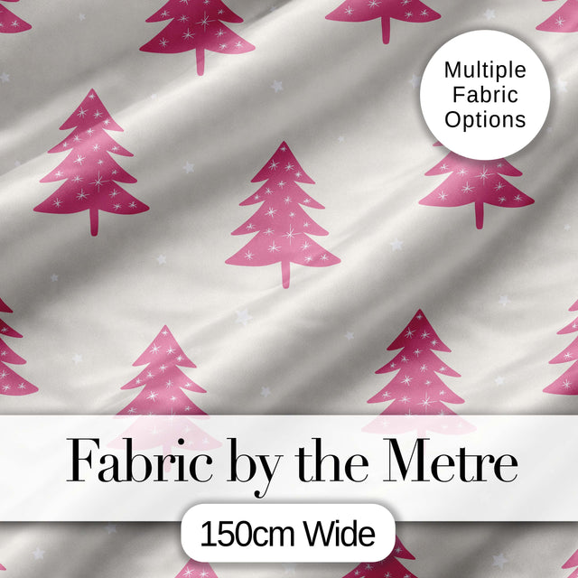 Minimal Pink Christmas Trees Stars Winter Seamless Pattern Digital Print Fabric by the Metre UK Sewing Quilting Textile