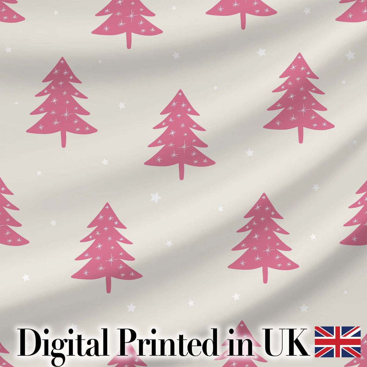 Minimal Pink Christmas Trees Stars Winter Seamless Pattern Digital Print Fabric by the Metre UK Sewing Quilting Textile