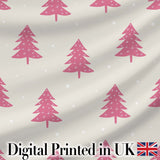 Minimal Pink Christmas Trees Stars Winter Seamless Pattern Digital Print Fabric by the Metre UK Sewing Quilting Textile