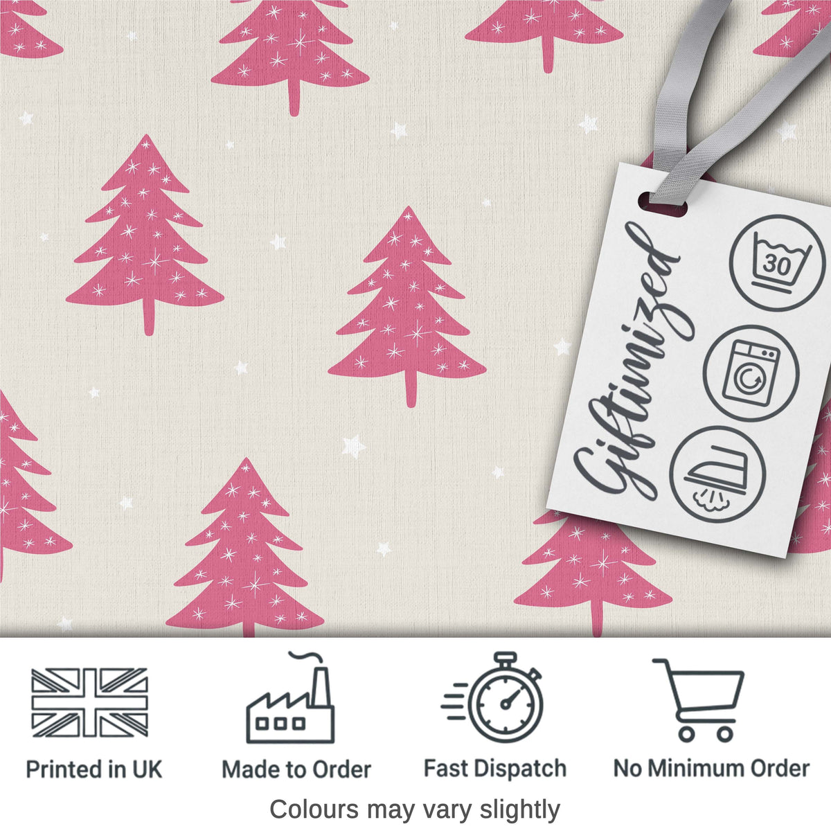 Minimal Pink Christmas Trees Stars Winter Seamless Pattern Digital Print Fabric by the Metre UK Sewing Quilting Textile