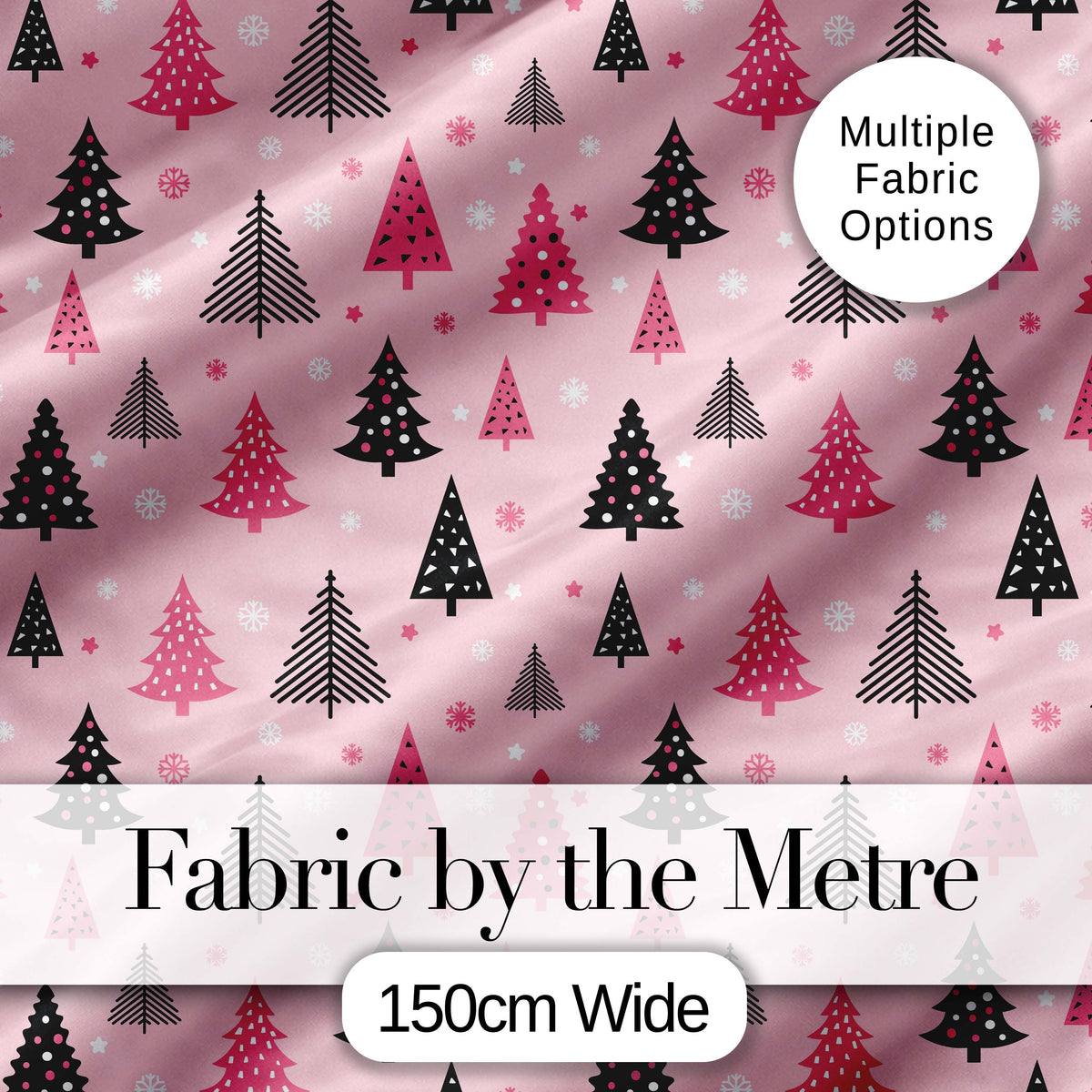 Modern Pink Black Christmas Trees Snowflakes Seamless Pattern Digital Print Fabric by the Metre UK Sewing Quilting Textile