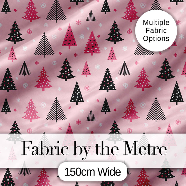Modern Pink Black Christmas Trees Snowflakes Seamless Pattern Digital Print Fabric by the Metre UK Sewing Quilting Textile