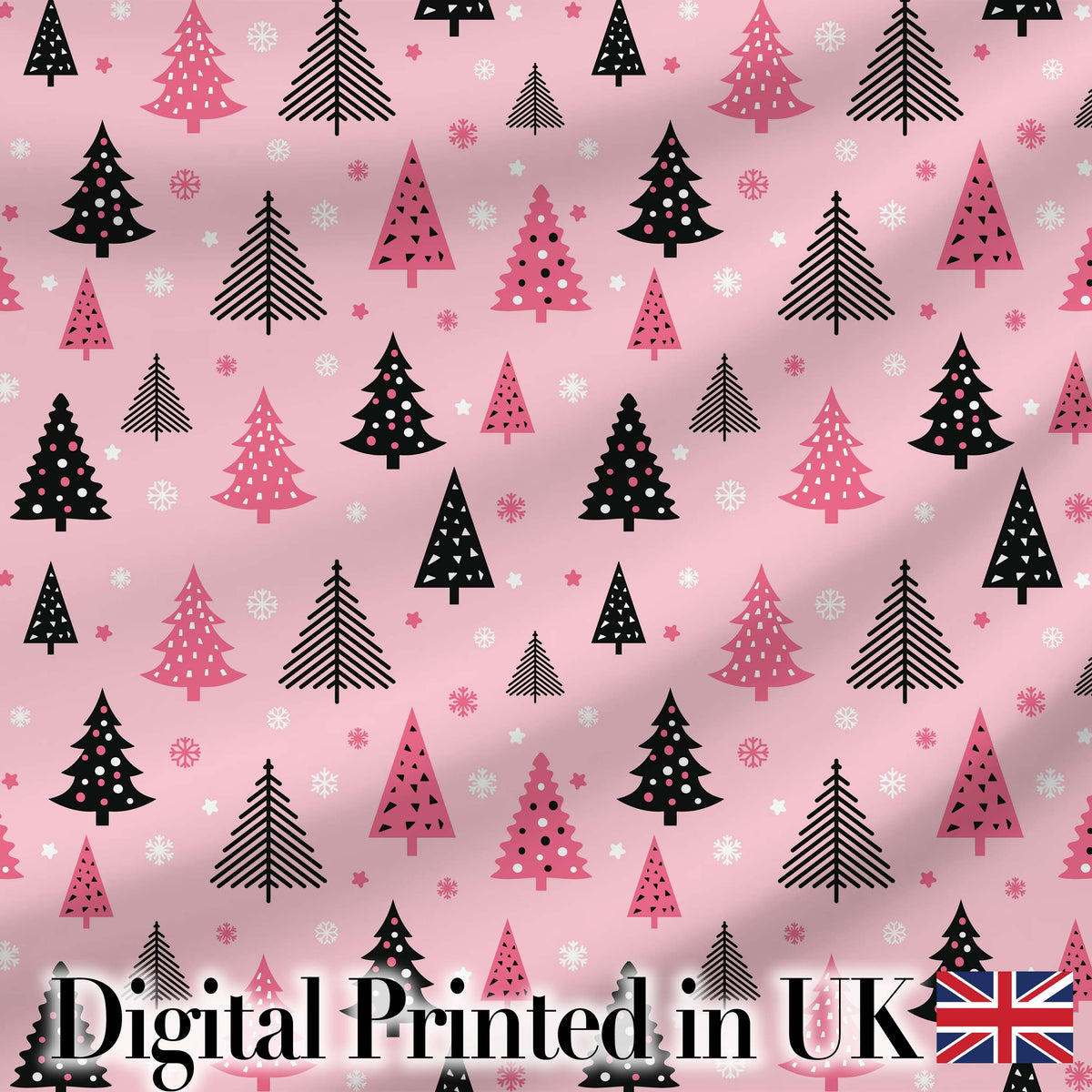 Modern Pink Black Christmas Trees Snowflakes Seamless Pattern Digital Print Fabric by the Metre UK Sewing Quilting Textile