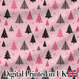 Modern Pink Black Christmas Trees Snowflakes Seamless Pattern Digital Print Fabric by the Metre UK Sewing Quilting Textile