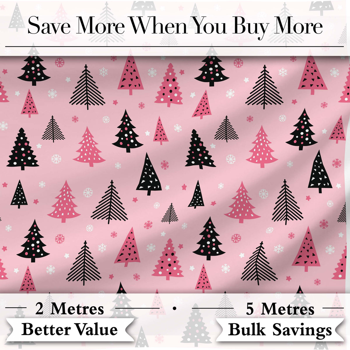 Modern Pink Black Christmas Trees Snowflakes Seamless Pattern Digital Print Fabric by the Metre UK Sewing Quilting Textile