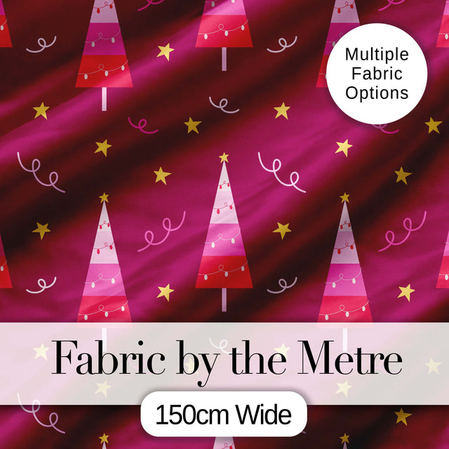 Pink Christmas Trees Stars Lights Festive Seamless Pattern Digital Print Fabric by the Metre UK Sewing Quilting Textile