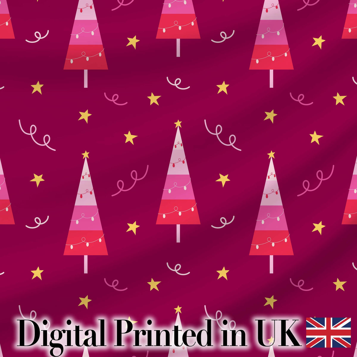 Pink Christmas Trees Stars Lights Festive Seamless Pattern Digital Print Fabric by the Metre UK Sewing Quilting Textile