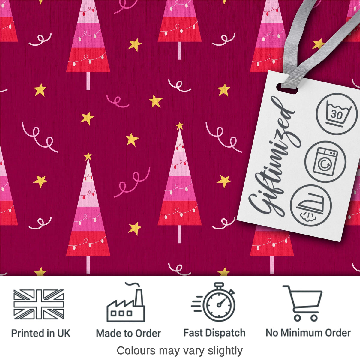 Pink Christmas Trees Stars Lights Festive Seamless Pattern Digital Print Fabric by the Metre UK Sewing Quilting Textile