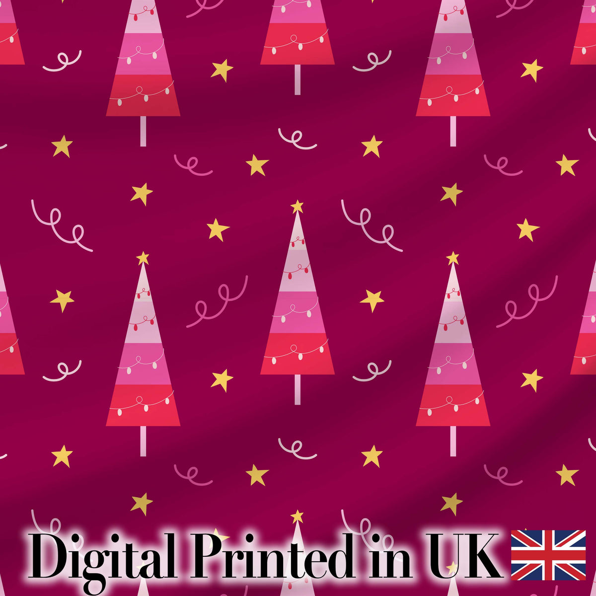 Dark Pink Christmas Trees Stars Lights Festive Seamless Pattern Digital Print Fabric by the Metre UK Sewing Quilting Textile
