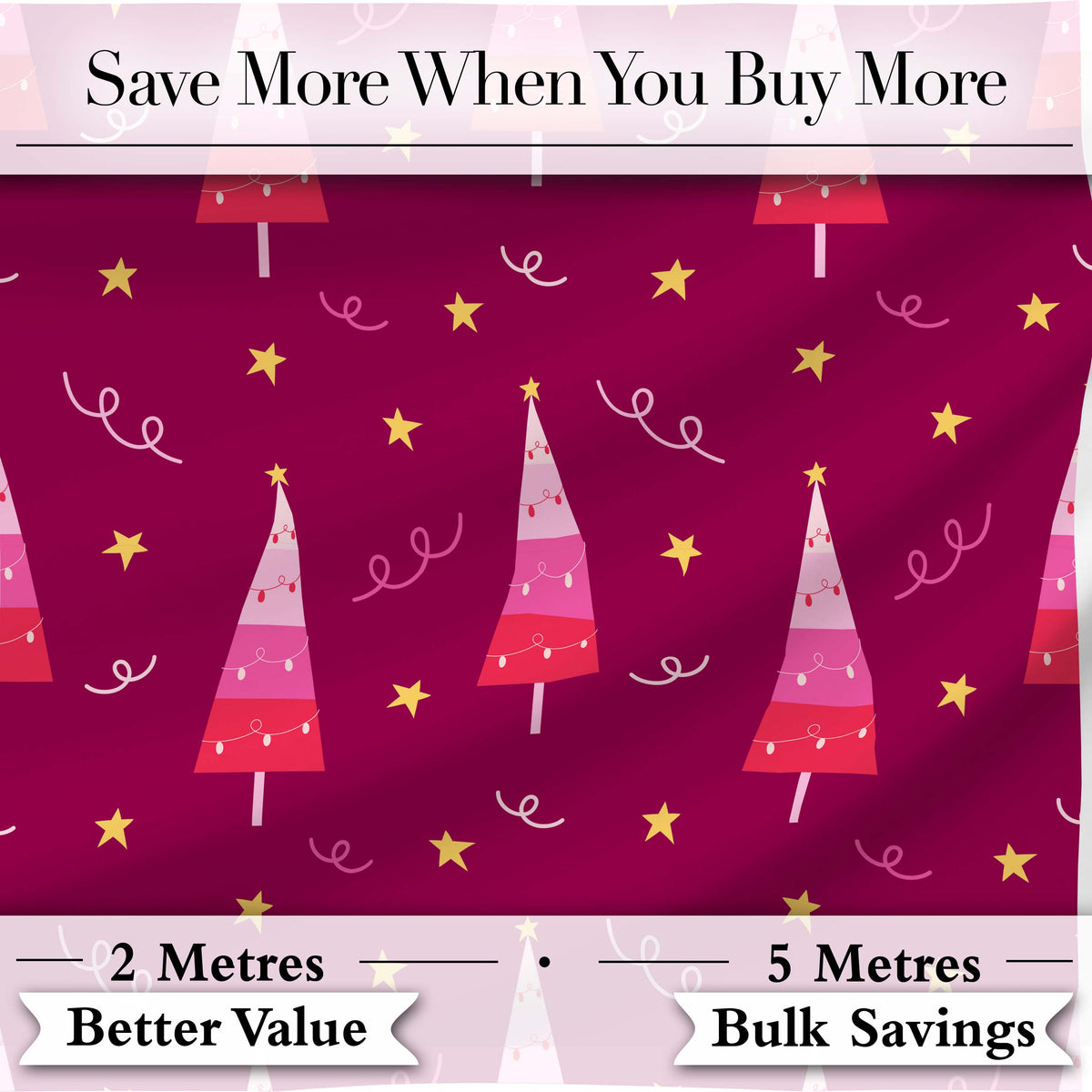 Dark Pink Christmas Trees Stars Lights Festive Seamless Pattern Digital Print Fabric by the Metre UK Sewing Quilting Textile