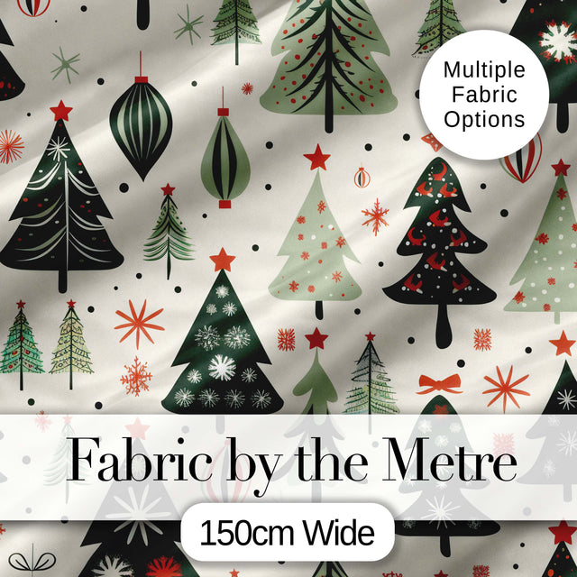 Modern Christmas Trees Ornaments Stars Festive Seamless Pattern Digital Print Fabric by the Metre UK Sewing Quilting Textile