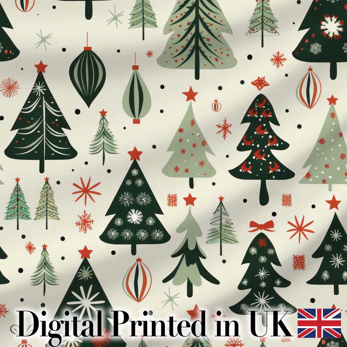 Modern Christmas Trees Ornaments Stars Festive Seamless Pattern Digital Print Fabric by the Metre UK Sewing Quilting Textile
