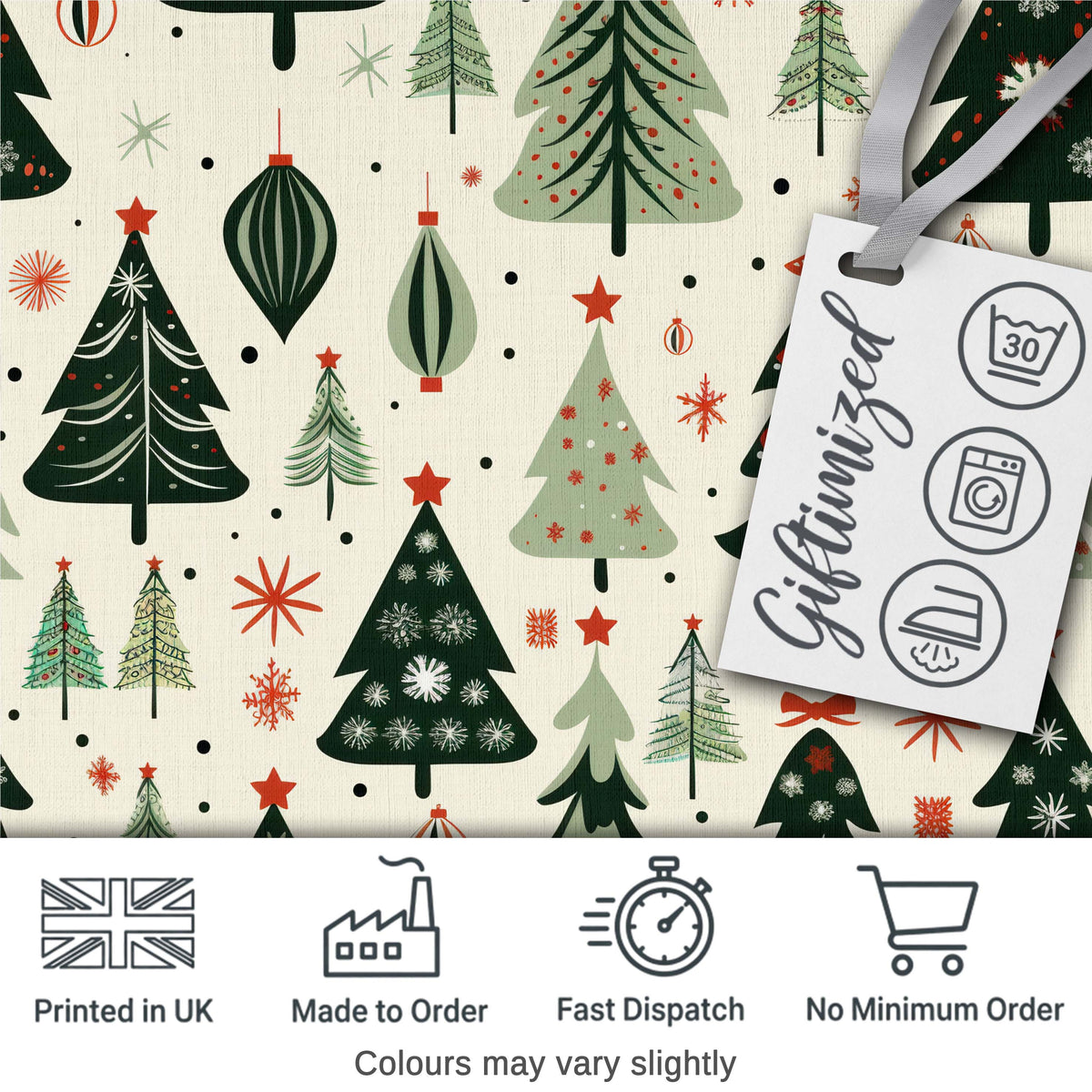 Modern Christmas Trees Ornaments Stars Festive Seamless Pattern Digital Print Fabric by the Metre UK Sewing Quilting Textile