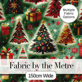 Colorful Christmas Trees Gifts Snowflakes Festive Seamless Pattern Digital Print Fabric by the Metre UK Sewing Quilting Textile