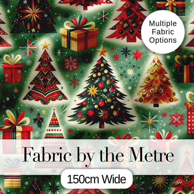 Colorful Christmas Trees Gifts Snowflakes Festive Seamless Pattern Digital Print Fabric by the Metre UK Sewing Quilting Textile