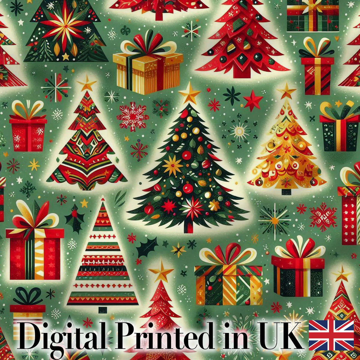Colorful Christmas Trees Gifts Snowflakes Festive Seamless Pattern Digital Print Fabric by the Metre UK Sewing Quilting Textile