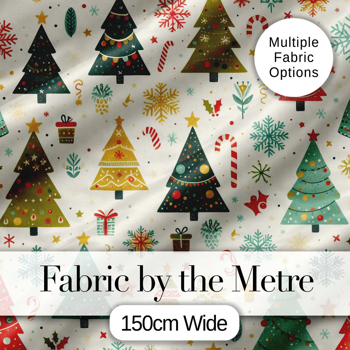 Cute Christmas Trees Candy Canes Snowflakes Seamless Pattern Digital Print Fabric by the Metre UK Sewing Quilting Textile