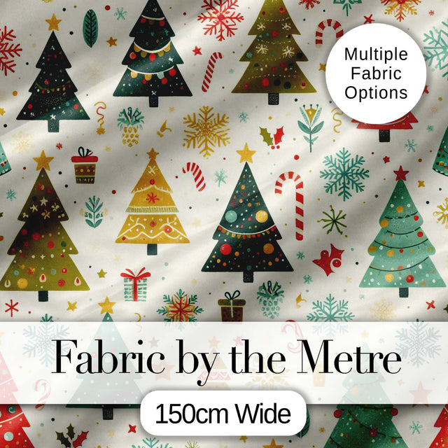 Cute Christmas Trees Candy Canes Snowflakes Seamless Pattern Digital Print Fabric by the Metre UK Sewing Quilting Textile
