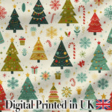 Cute Christmas Trees Candy Canes Snowflakes Seamless Pattern Digital Print Fabric by the Metre UK Sewing Quilting Textile