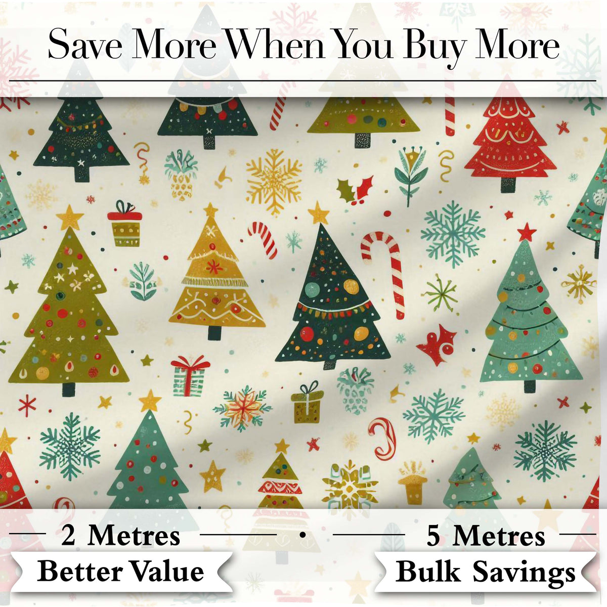 Cute Christmas Trees Candy Canes Snowflakes Seamless Pattern Digital Print Fabric by the Metre UK Sewing Quilting Textile