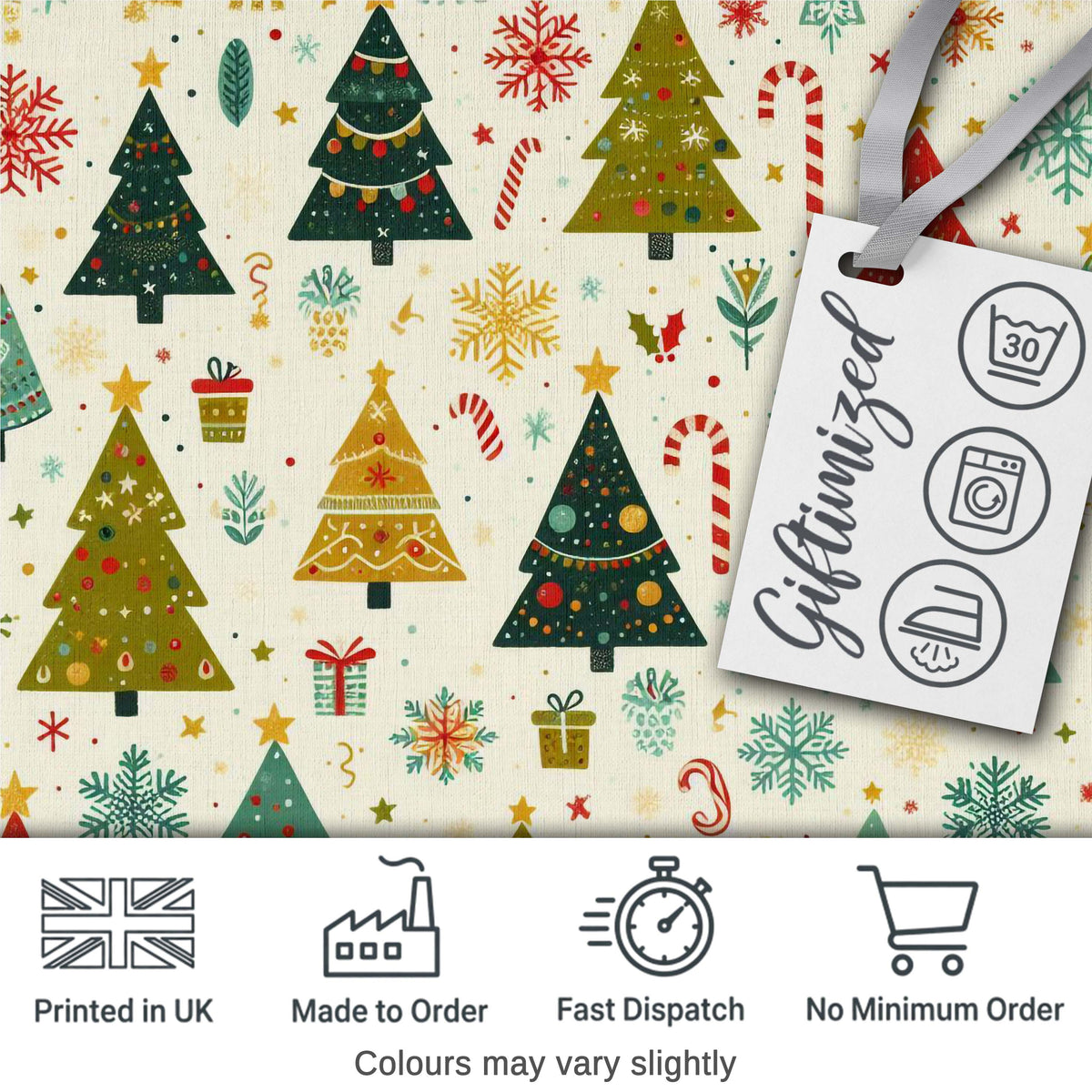 Cute Christmas Trees Candy Canes Snowflakes Seamless Pattern Digital Print Fabric by the Metre UK Sewing Quilting Textile