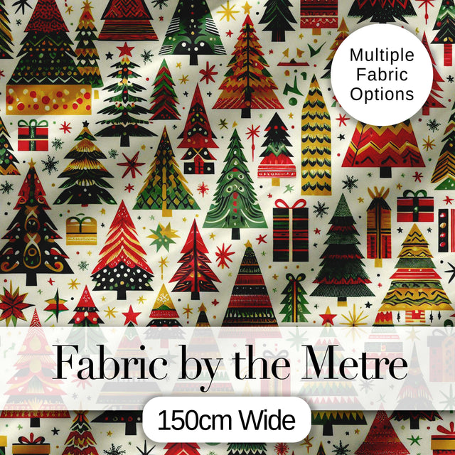 Vintage Nordic Christmas Trees and Festive Ornaments  in Red Green and Gold Digital Print Fabric by the Metre UK Sewing Quilting Textile